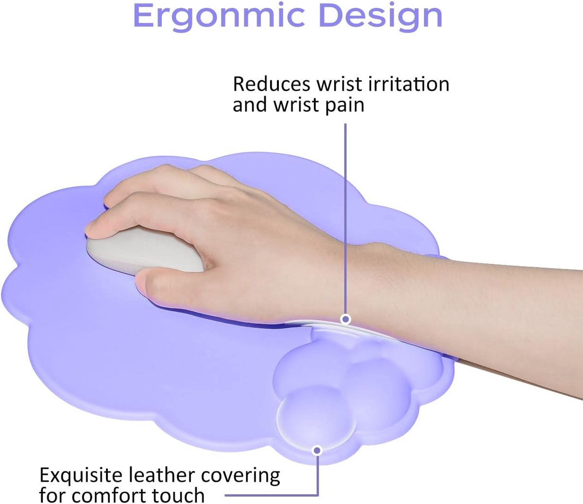 Mouse Pad - Mouse Pad with Wrist Rest - Ergonomic Mouse Pad - Mouse Pad with Leather Surface, Suitable for Computers, Laptops, Office, Home and Travel, with Non-Slip Bottom - Purple