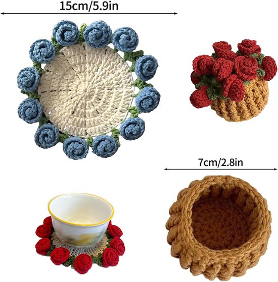 Coasters - Mini Basket Included - Floral Coasters - Vintage Rose Design - Suitable for coffee tables, weddings, housewarming parties, birthdays, etc.(Yellow)