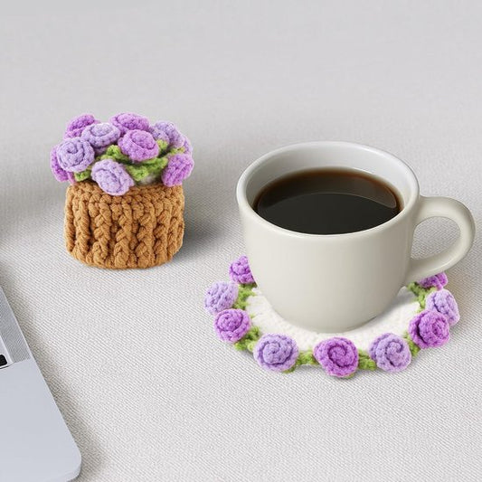 Coasters - Mini Basket Included - Floral Coasters - Vintage Rose Design - Suitable for coffee tables, weddings, housewarming parties, birthdays, etc.(Purple)