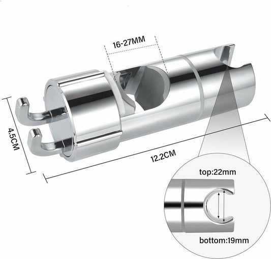 Adjustable Shower Head Holder for Slide Rail, 18-28 mm Shower Rod Fit, 360 Degree Rotation Rotatable with 2 Hooks, Chrome/Black Finish Options