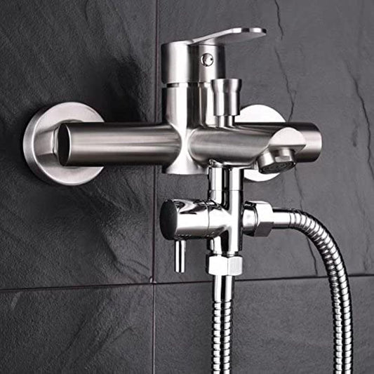 3-way T-connector with shut-off valve for bathroom, 7 x 7 Overall Size, 1 x 3 Overall Size, leak-resistant use, Silver Finish