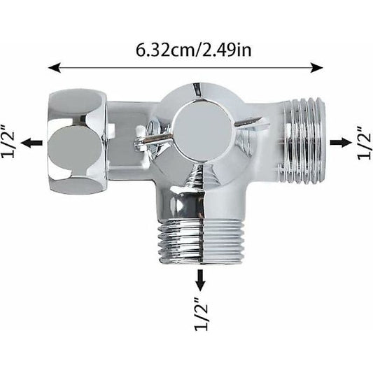 Solid Brass 3-way valve, 3-way diverter valve, 3-way shower valve, G1/2\" T-adapter valve, for shower, hand shower and diverter shower, Silver Finish