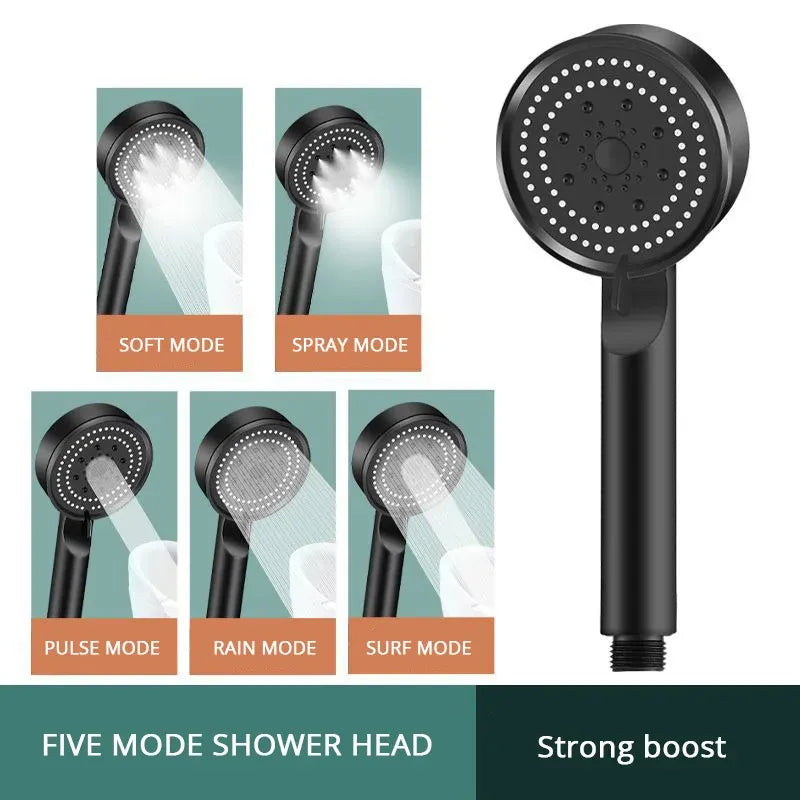 5 Spray Modes Adjustable High Pressure Shower One-Button Stop Water Massage Shower Head Water Saving Shower Bathroom Accessories, Black Finish