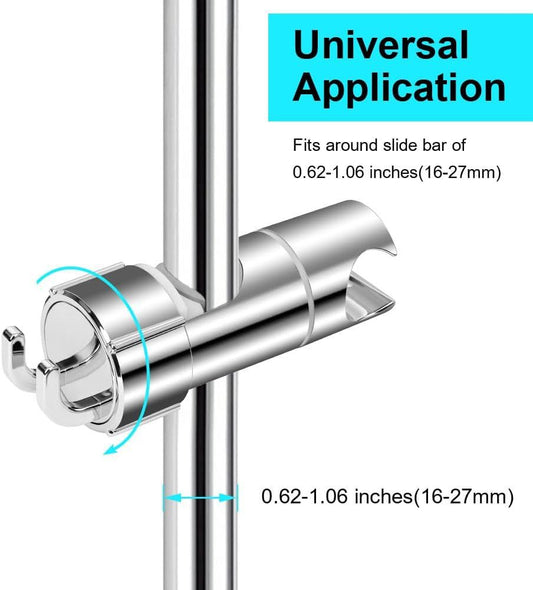 Hand Shower Holder for 16-27 mm Shower Rod Fit Rail, Adjustable Replacement Shower Holder, 360 Degree Rotation, with 2 Hooks, Chrome Finish