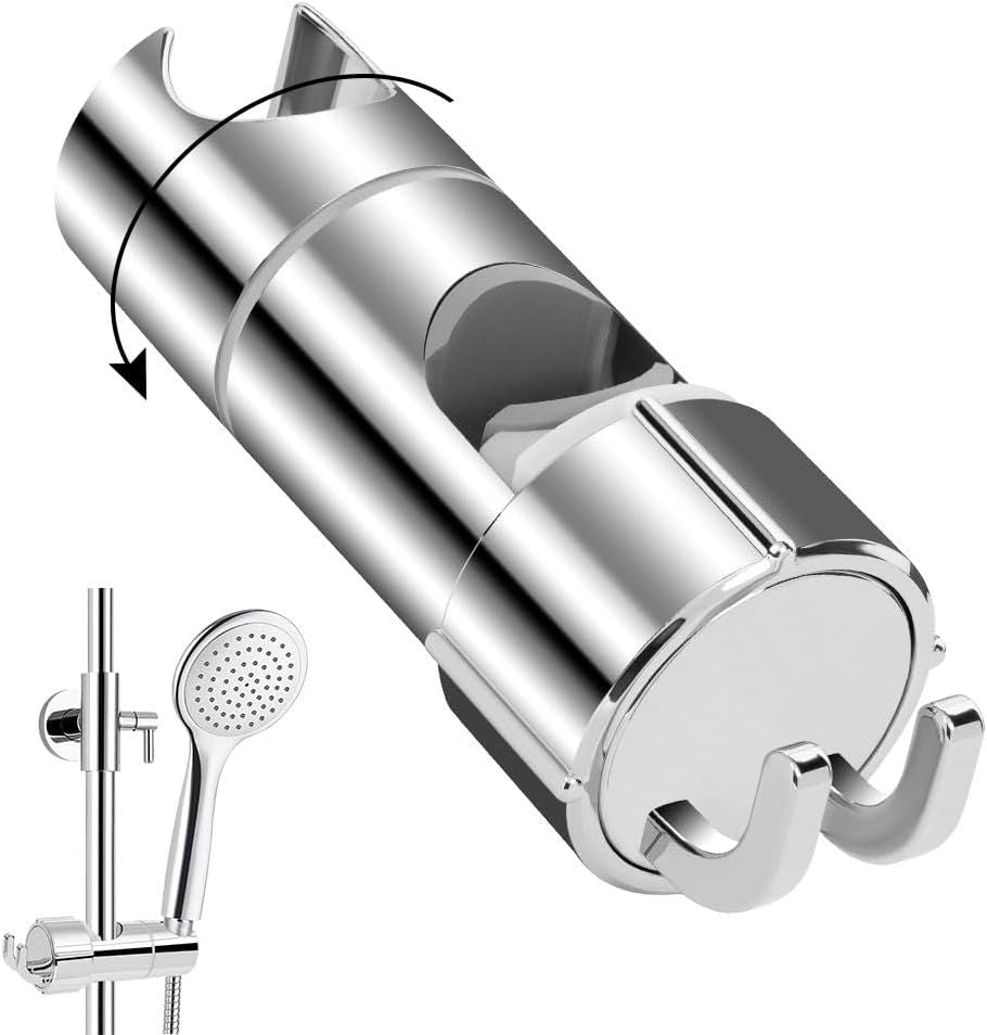 Hand Shower Holder for 16-27 mm Shower Rod Fit Rail, Adjustable Replacement Shower Holder, 360 Degree Rotation, with 2 Hooks, Chrome Finish