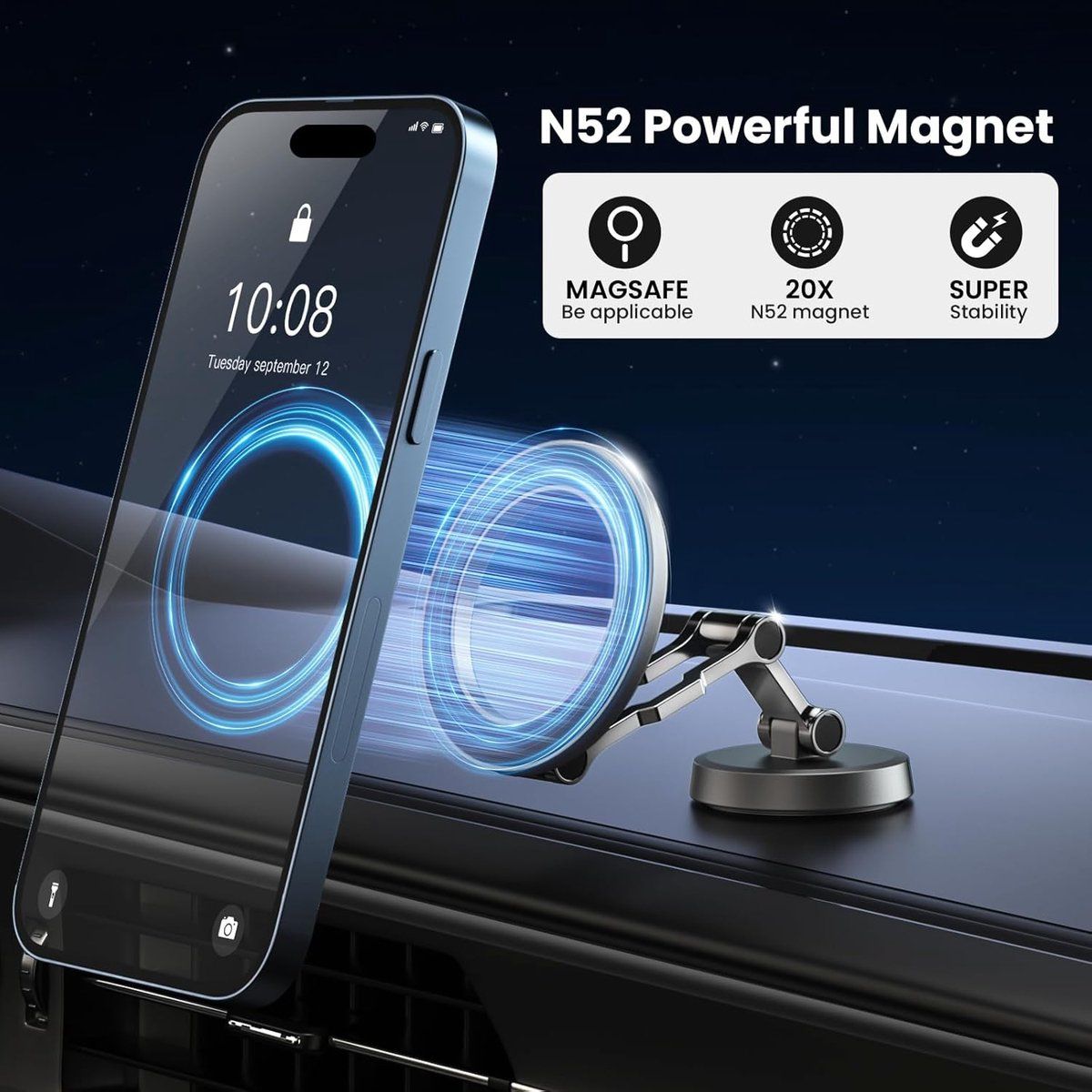 Full Metal Magnetic Car Phone Holder, Rotatable Dashboard Mount for Secure Hands-Free Navigation, Compatible with Most Smartphones, Black