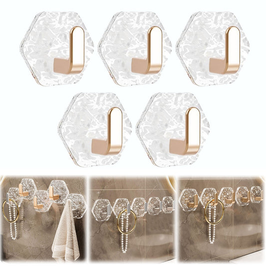 JWDX, Wall Mount Hooks Hexagon Adhesive Hooks with Water Design No Drill Wall Hanging Storage Rack Damage Sticky Hooks for Kitchen Bathroom Towel Hanging(5Pc) One Size Gold
