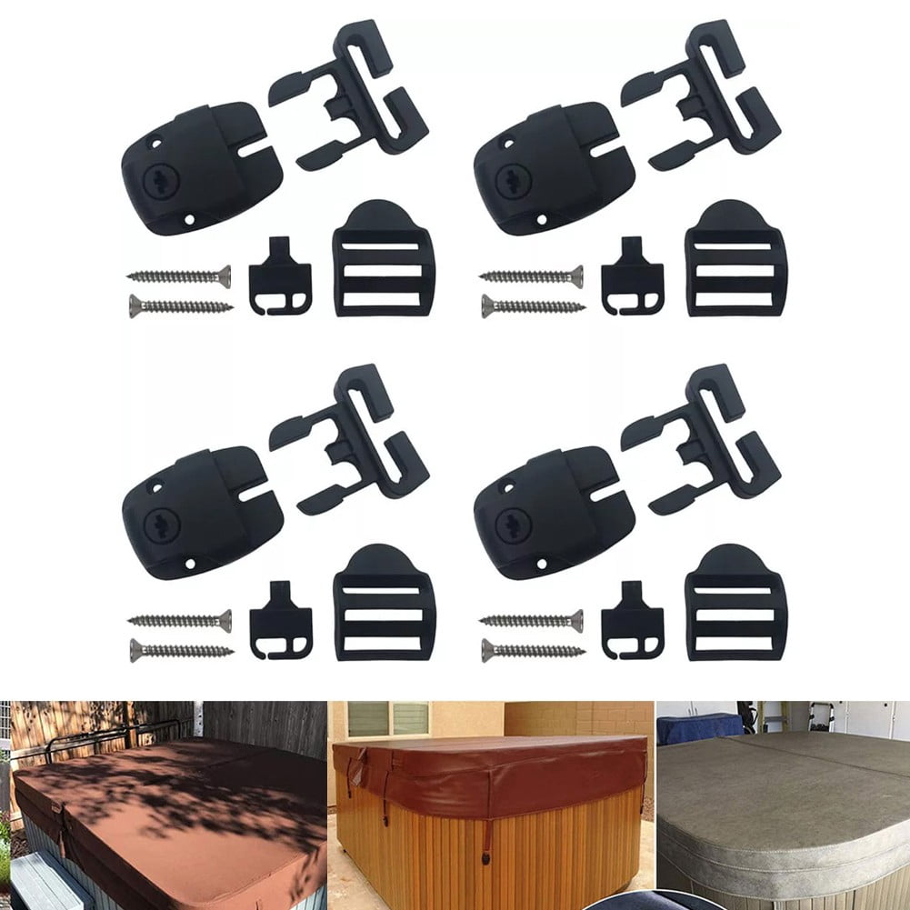 4 Set Spa Cover Latch Replacement Kit With Slots - Includes 4 Latches Tracks Keys & Screws For Hot Tub Cover Repair - Black Plastic