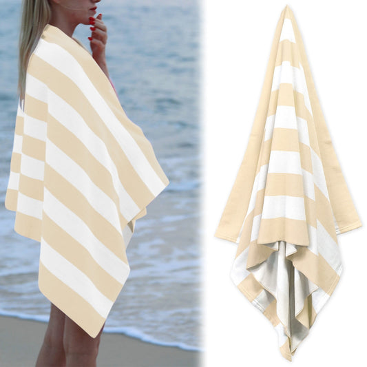 Large Oversized Beach Towel - Big Size Cotton 35 x 70 Inch Striped Pool Towel, Large Cabana Soft Swimming Towel for Adult Men Women, (Light Blue) 35" x 70" Beige