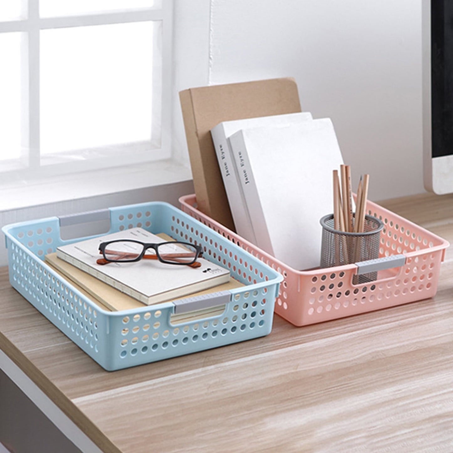 A4 Paper Trays with Grip Handles, 10.43x6.77x2.87"Heavy Duty Book Baskets for Library, Drawers, Office, Home, Desk, Turn in Trays, Plastic Storage Baskets (White/1 Pcs) 10.43" x 6.77" x 2.87" Pink