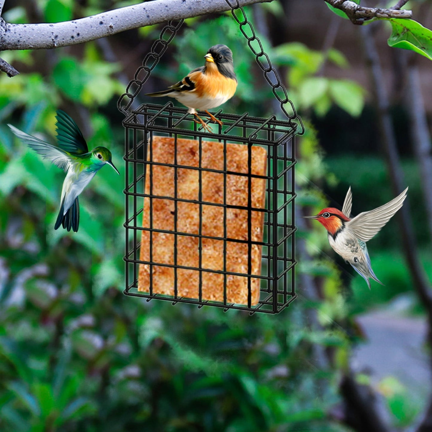 Square Suet Bird Feeder Cage, Heavy-Duty Iron with Protective Coating, Holds One Cake for Nuthatches and Chickadees, Easy-Clean Design, Rust-Resistant Outdoor Hanging Feeder for Backyard Birds Black