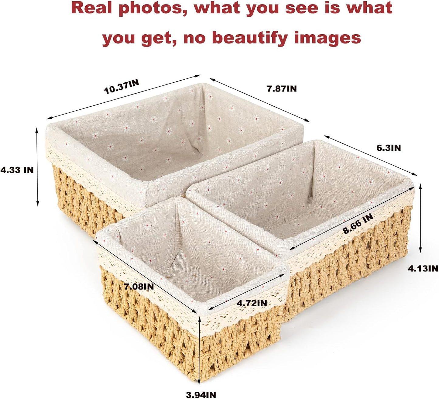 3 Pieces Woven Storage Basket Set with Fabric Lining for Bathrooms, Bedrooms and Shelves, Decorative Organisers for Home