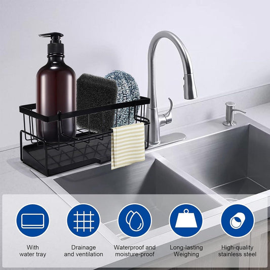Sponge holder and organizer for sink - Draining rack and soap dish with brush holder - Kitchen storage accessories - Grey.