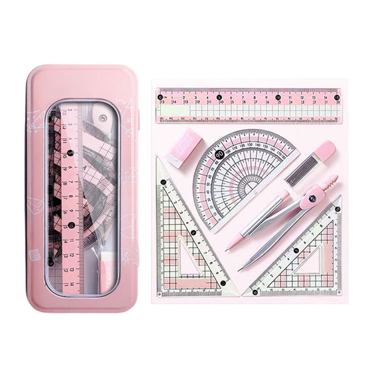 Compass Geometry Tool, Protractor and Compass Set, Metal Box Drawing Compass with Rulers, Math Compass Kit, Shatterproof Storage Box, for Stationery Supplies Pink