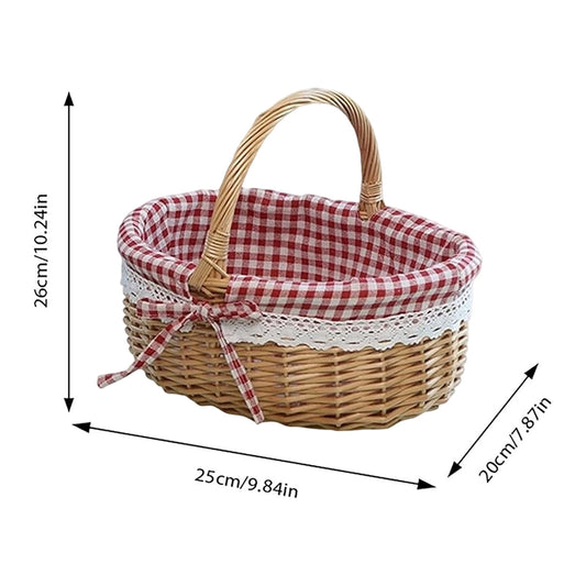 Wicker Picnic Basket with Handles and Linen Cloth Lining, Empty Baskets for Gifts, Woven Easter Basket, Willow Picnic Hamper Garden Harvest Basket, for Easter Egg Gathering, Candy, Toys Red
