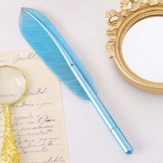 Feather Ballpoint Pens Black Ink Natural Feather Quill Ballpoint Pen for Office, Retro Quill Writing Wedding Sign Pen Blue