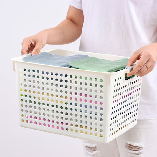 Laundry Basket, 2 pcs Plastic Hamper with Handles, Open Storage Bin to Organize Closets, Cabinets, Pantry, Shelving and Countertop Space, Suitable for Families and Dorms 1PC-White