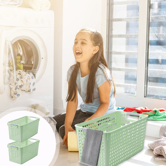 Laundry Basket, 2 pcs Plastic Hamper with Handles, Open Storage Bin to Organize Closets, Cabinets, Pantry, Shelving and Countertop Space, Suitable for Families and Dorms 3PC-Green
