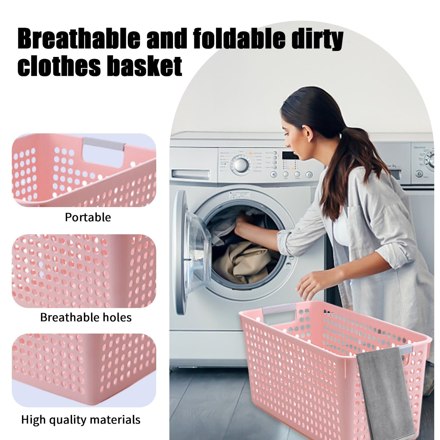 Laundry Basket, 2 pcs Plastic Hamper with Handles, Open Storage Bin to Organize Closets, Cabinets, Pantry, Shelving and Countertop Space, Suitable for Families and Dorms 3PC-Pink