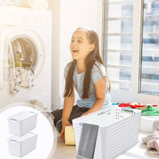 Laundry Basket, 2 pcs Plastic Hamper with Handles, Open Storage Bin to Organize Closets, Cabinets, Pantry, Shelving and Countertop Space, Suitable for Families and Dorms 3PC-White