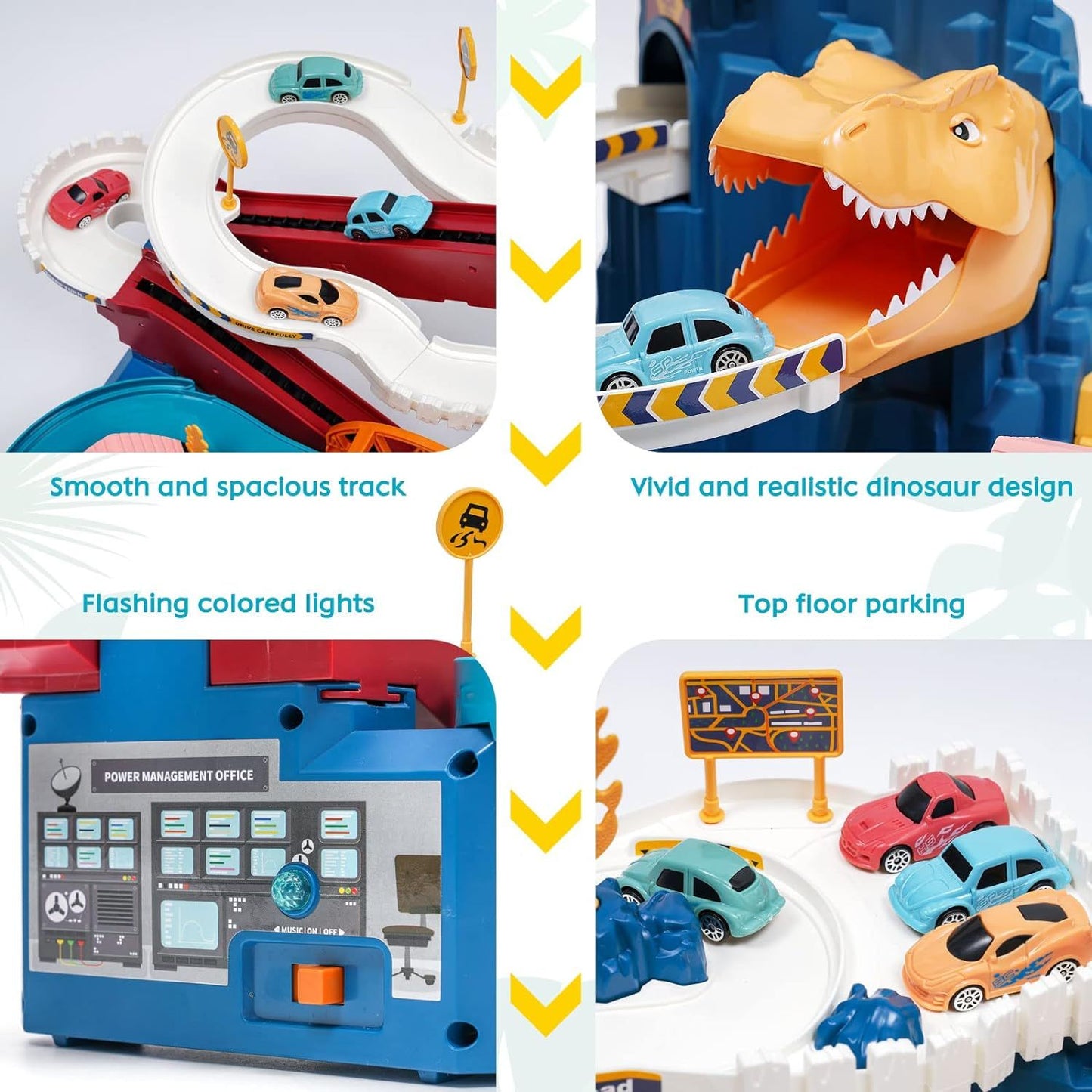 Race Track Toys for Kids Car Adventure Toy Dinosaur Climbing Hills Railcar with 4 Cars Colorful Vehicles Construction Play Set