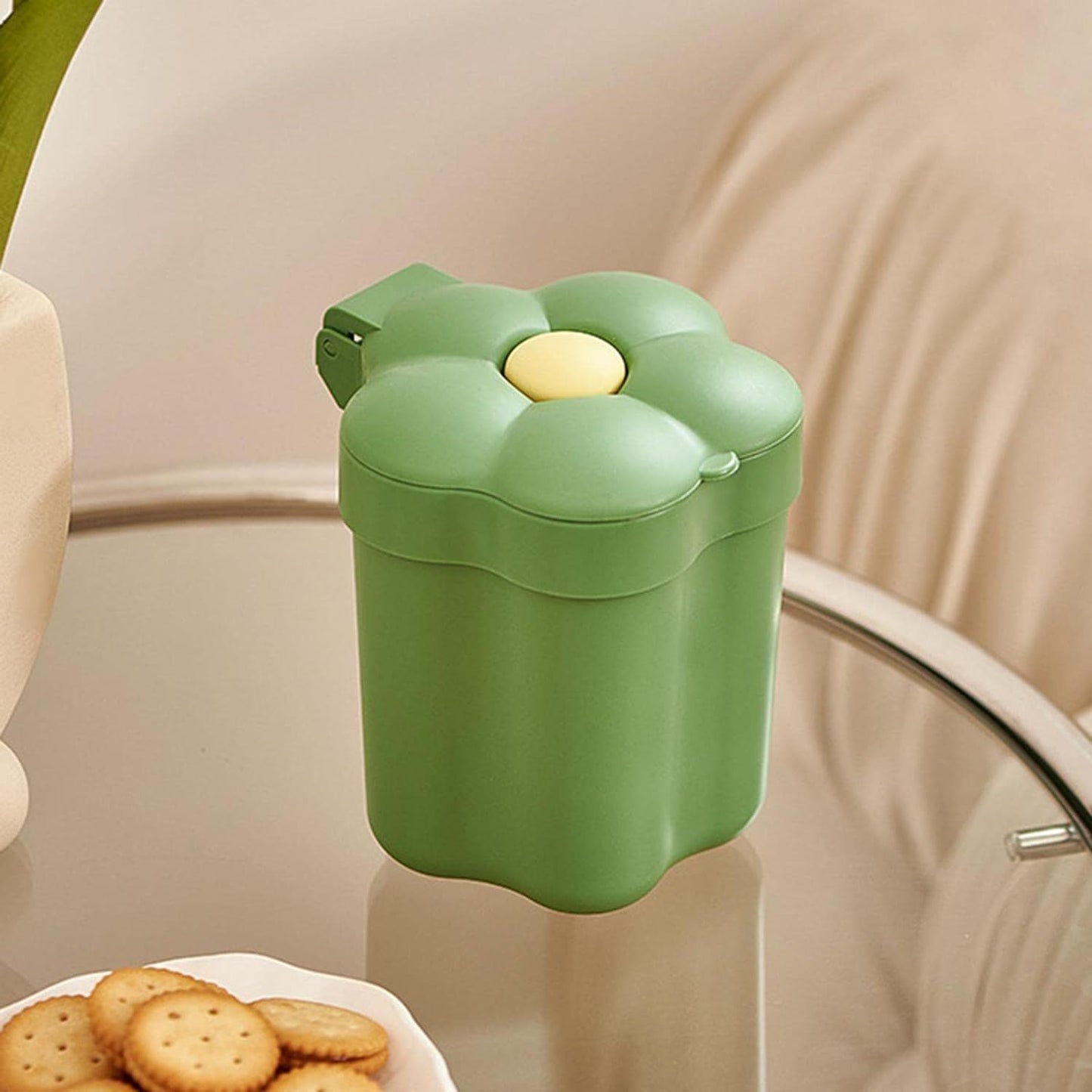 Desktop Garbage Bin Cute Mini Desktop Trash Can Kawaii Flower Shaped Countertop Trash Cans Kitchen Small Garbage Green