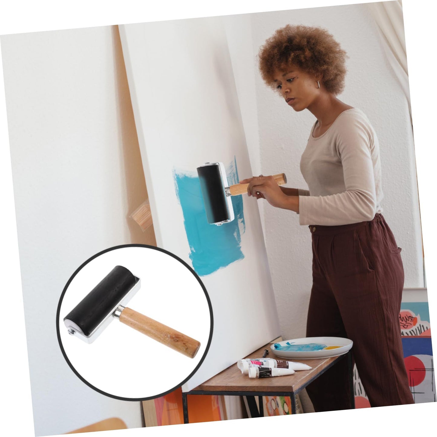 Paint Roller Printmaking Ink Art Stamping Roller Oil Painting Rubber Roller Rollers Tools Wooden Handle Bamboo Water Painting