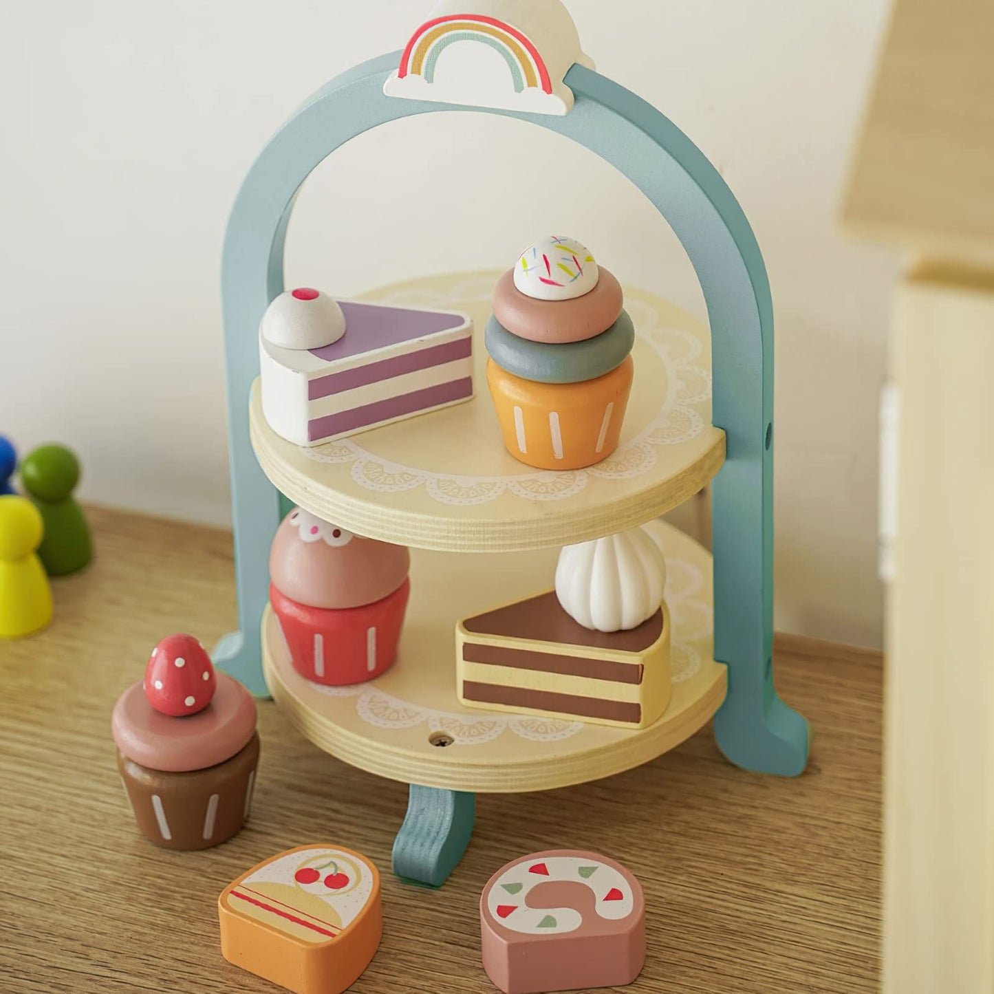 Wooden Cake Toys Tea Party Set, Desserts Food Toy with Cupcake Stand, Kids Pretend Play Kitchen Accessories, Wooden Play Food
