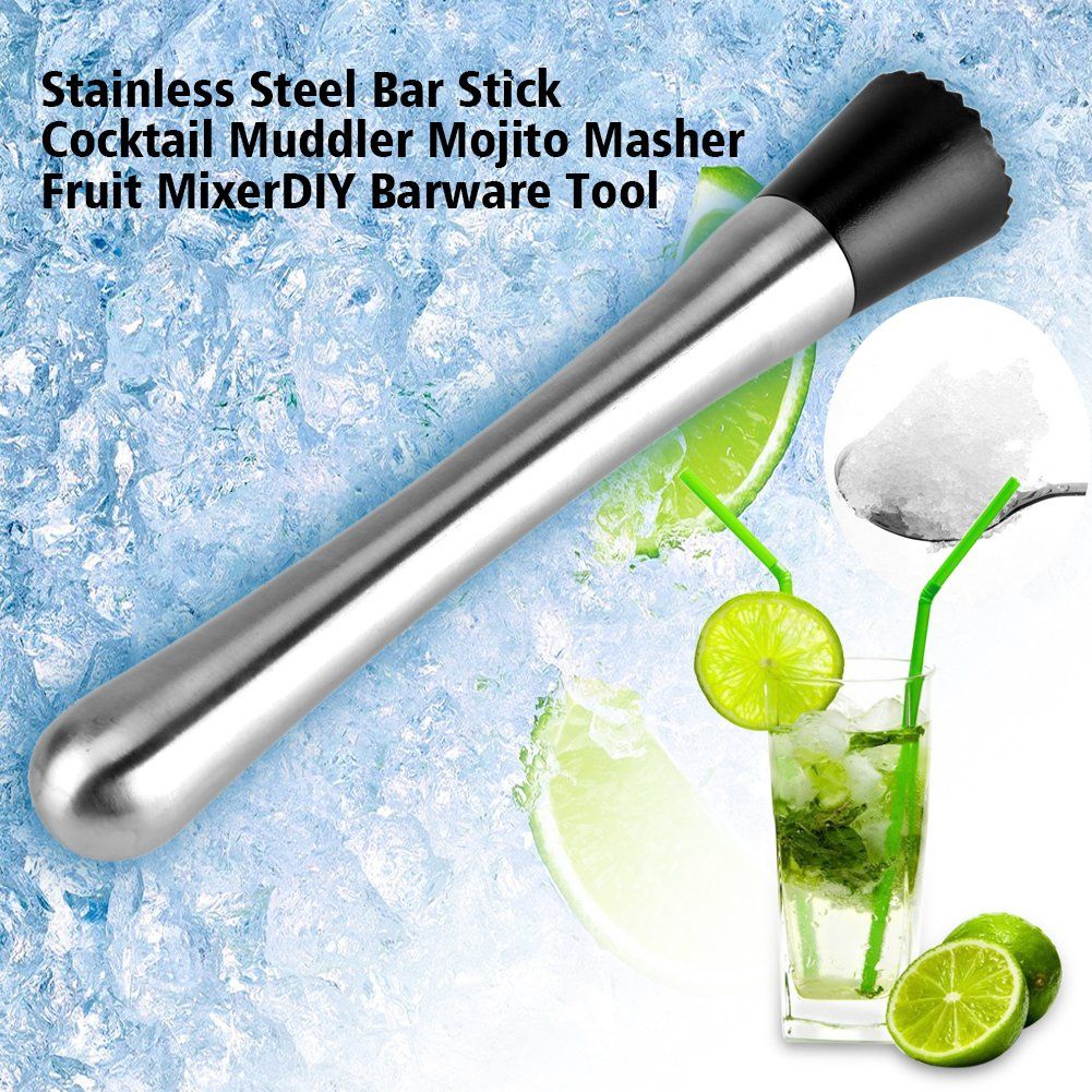 Stainless Steel Cocktail Muddler, Barware Swizzle Stick Ice Masher with No-Slip Rubber Handle for Home Party Bar Mixing Spoon Tool