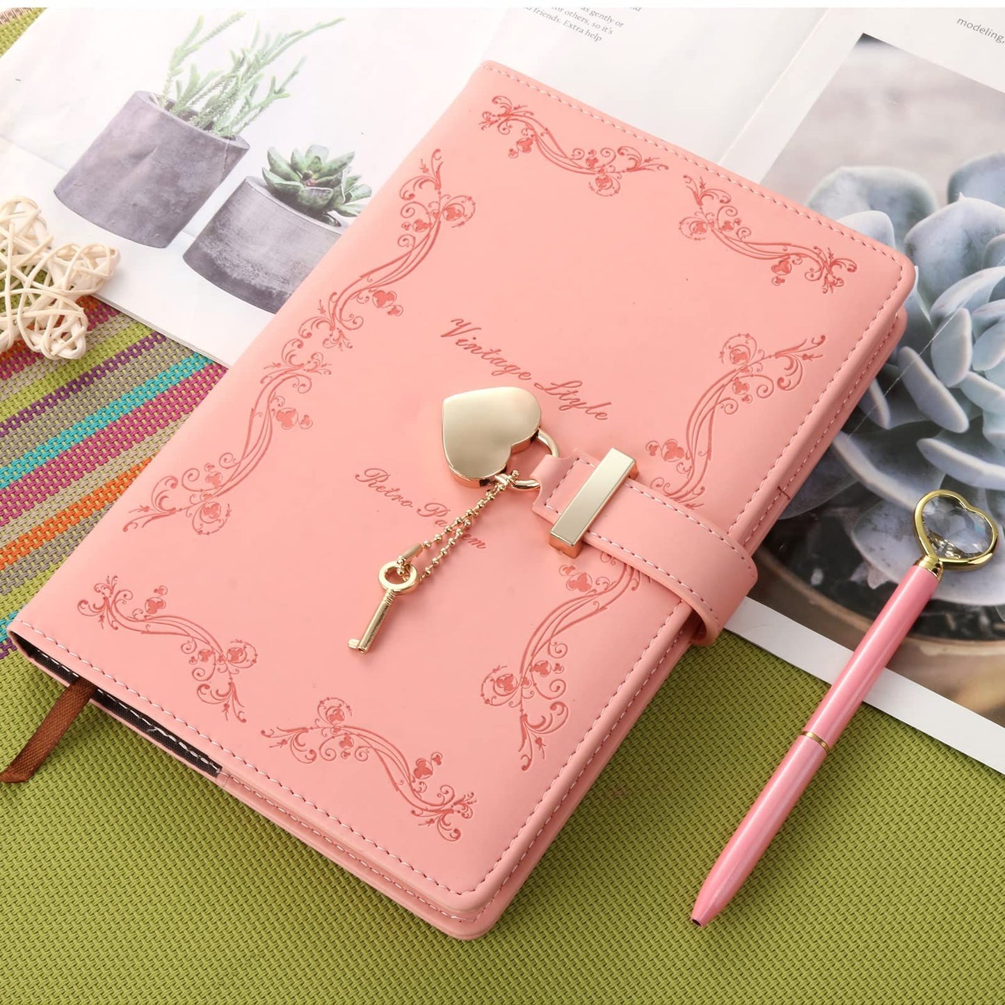 Girls Diary with Lock and Key, Cute Heart Shaped Lock Journal for Women, Refillable Leather Notebook Gift for Teen Girls - Pink