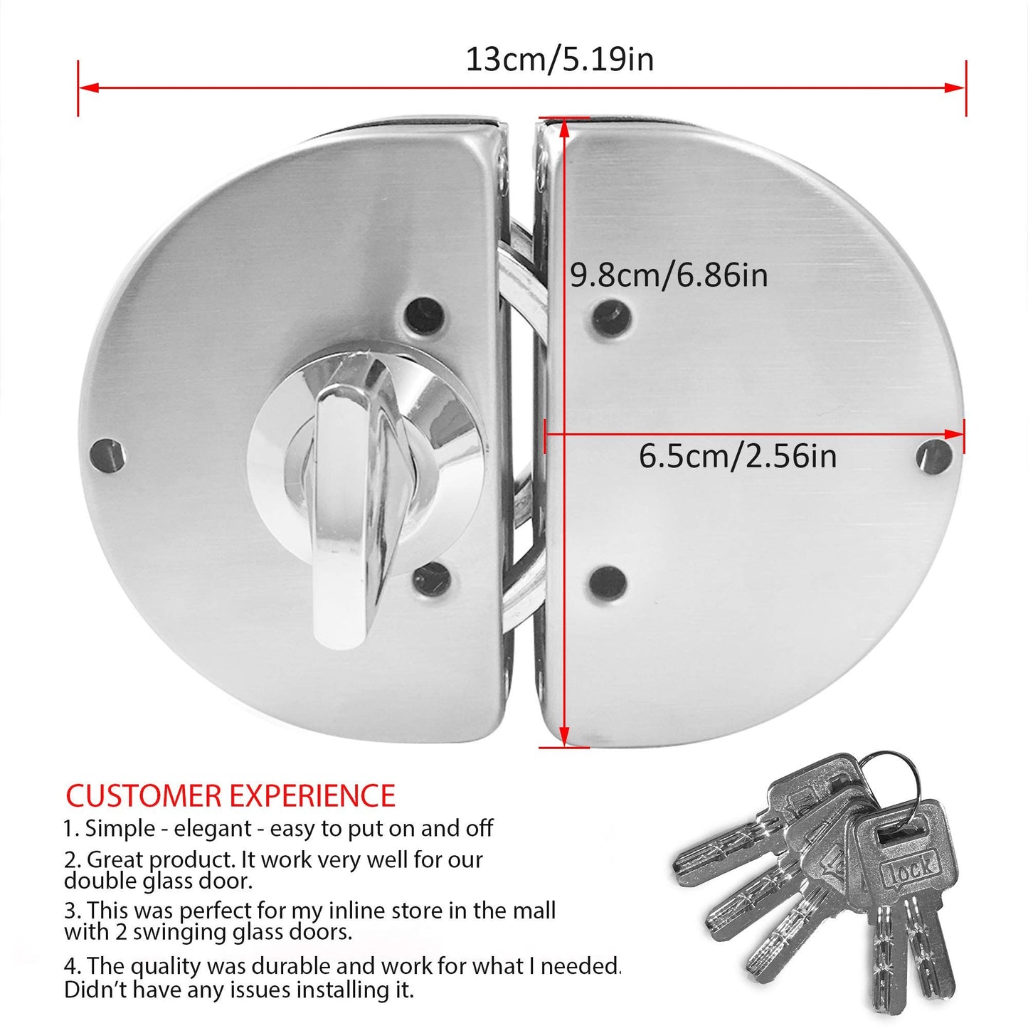 Glass Door Lock with Stainless Steel Double Bolts Swing Push, Double Sliding Security Door Lock Thick Glass