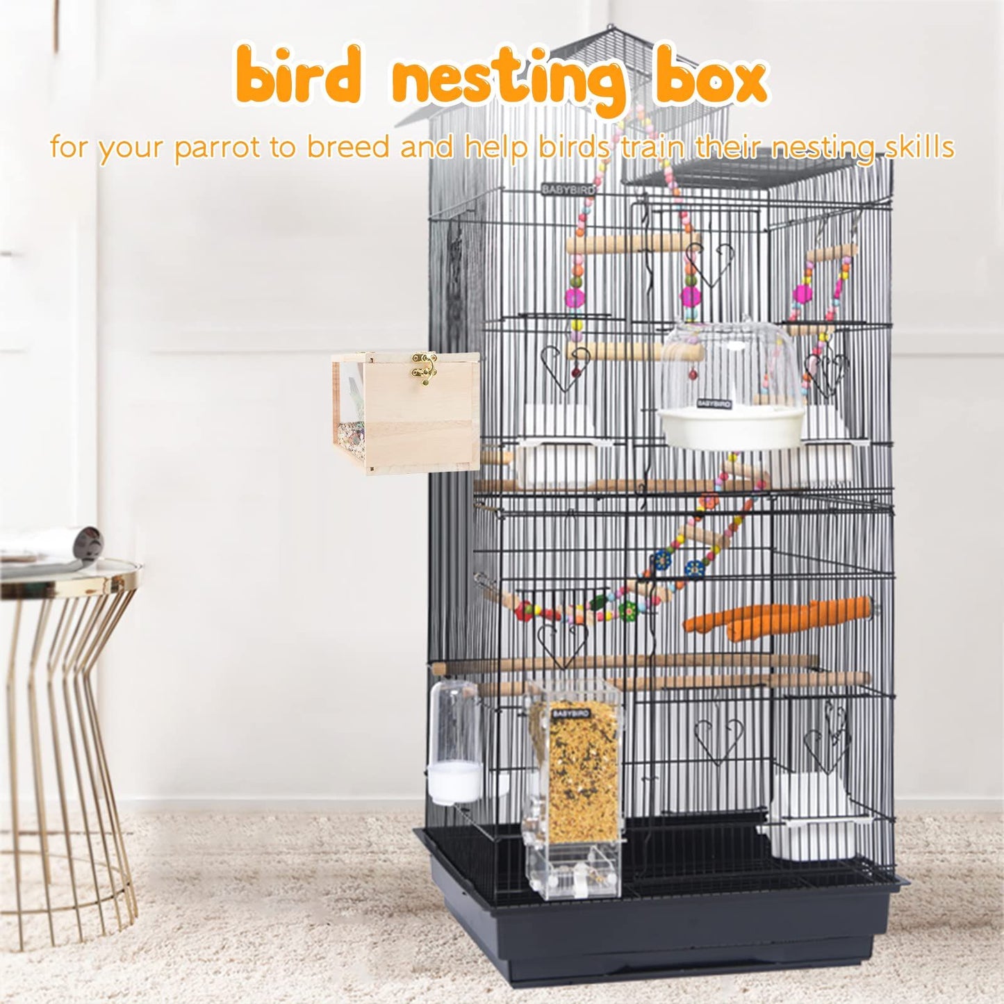 Parakeet Nesting Box Transparent Design, Bird Nest Breeding Box with Wood Bird Cage House for Cockatiel Lovebirds Finch Parrotlets Canary (12*12*19.5)