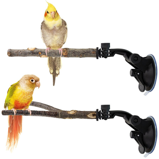 2 Pcs Parrot Perch Stand, Strong Suction Cup Bird Perch, for Window Mirror Car Shower Ceramic Tiles Bath Wood Training Perch(Standing pole+tree branch15cm)