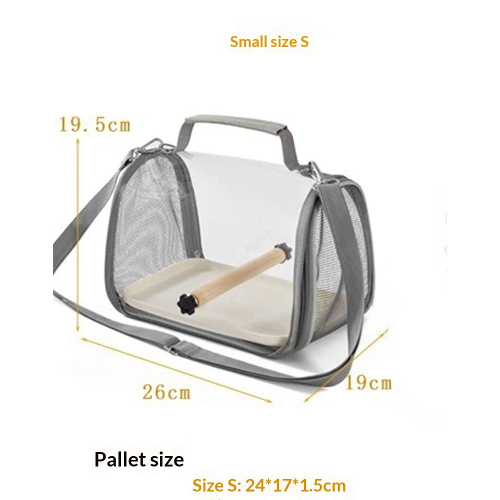 Long tailed parrot's small bird travel carrier cage, including tray and wooden standing sea bass, with external birdcage, small sun Xuan Feng portable bag(Grey small size)