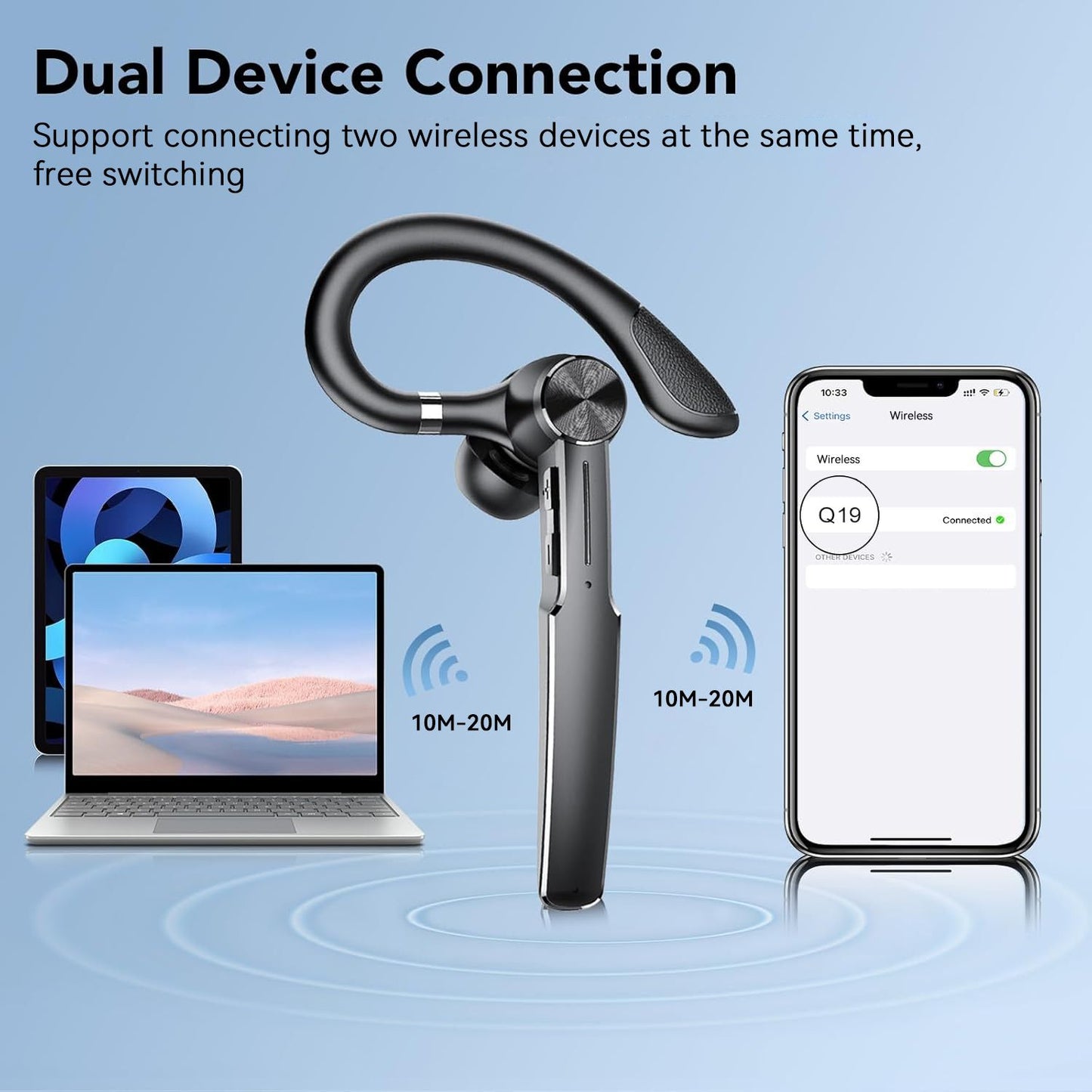 Bluetooth Headset, Wireless Bluetooth Earpiece with Charging Case 50 Hours Talking Time Built-in Microphone for iOS Android Cell Phone, V5.3 Hand-Free Headphones for Trucker, Office, Black