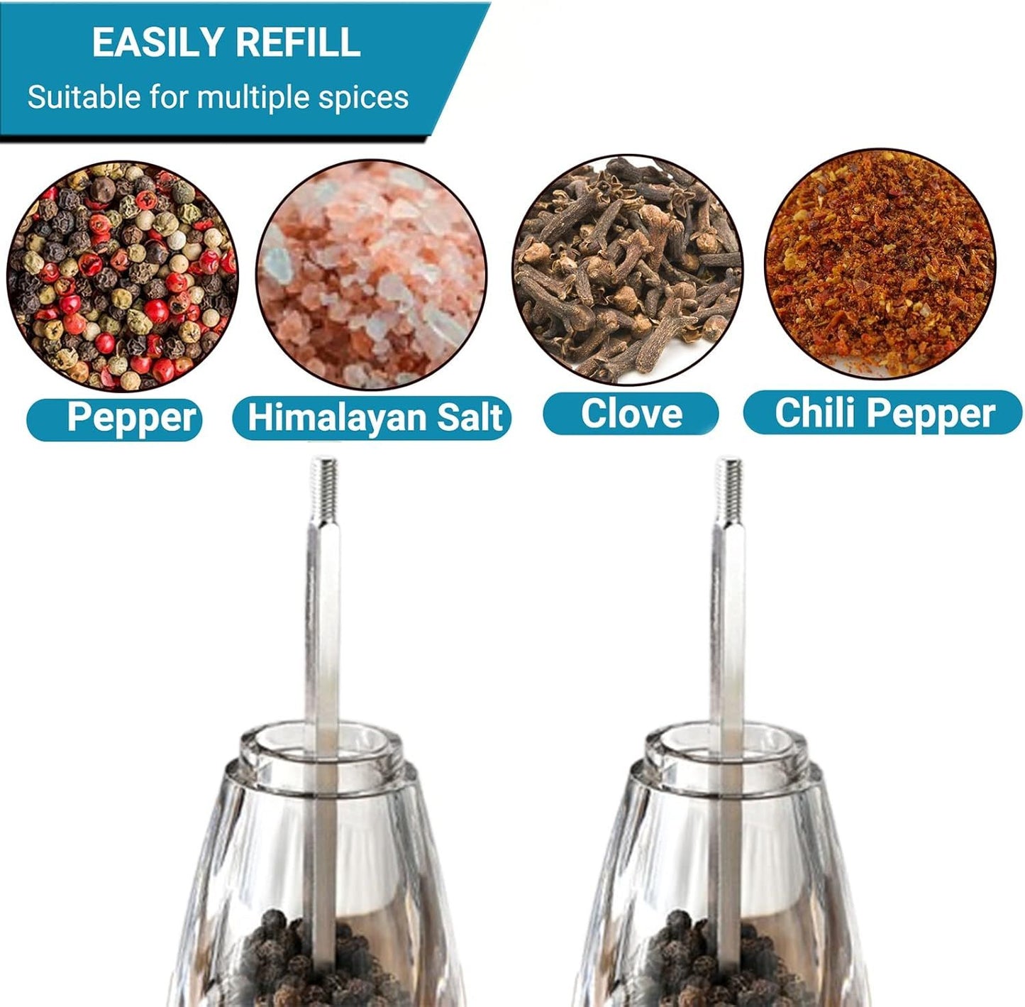 Pepper Mill Manual Salt and Pepper Grinder Set, Classic Transparent Pepper Grinder Salt Mills 2pcs 8in,Solid Wood Hand Shaker Rotor Pepper Salt Grinder Ceramic Core Adjustable Coarseness Spices