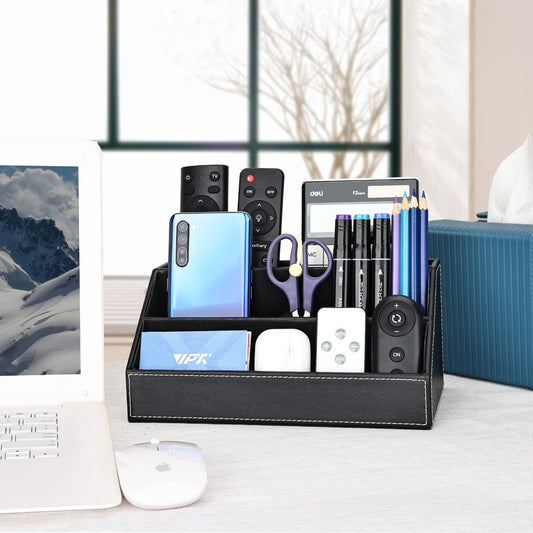 Pu Leather Desk Organizer with 5 Compartments Holder, Multi-Functional Office Supplies Storage Caddy for Pen/Pencil, Phones, Remote Controller and Desktop Accessorie Black(Only storage box)