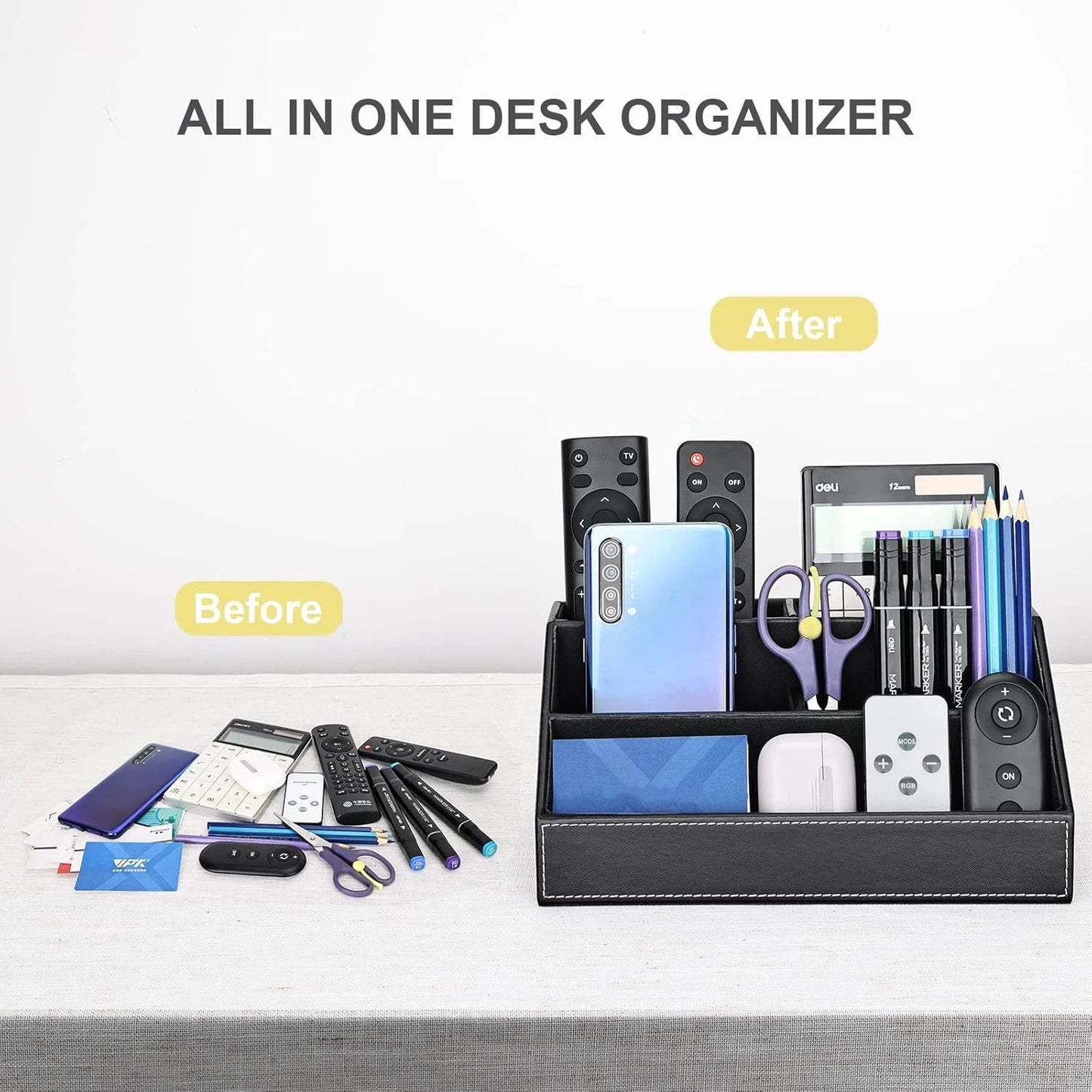 Pu Leather Desk Organizer with 5 Compartments Holder, Multi-Functional Office Supplies Storage Caddy for Pen/Pencil, Phones, Remote Controller and Desktop Accessorie Black(Only storage box)