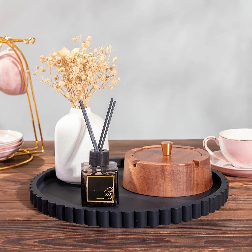 Decorative Tray for Coffee Table, Living Room, Side Table, 12" Black Round silicone Home Decor Serving Trays for Accent Table, Console Table