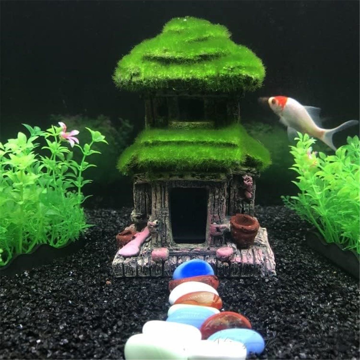 Fish House - Aquarium Decoration with Lifelike Moss, Comes Fish Tank Accessories witth Big Hole for Fish Sleep Rest Hide and Play