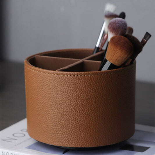 Round Leather Art Supply Organizer,Remote Control Holder,360 Degree Spinning,Multi-Functional Pencil Holder,4 Compartments Desktop Stationary Organizer(brown)