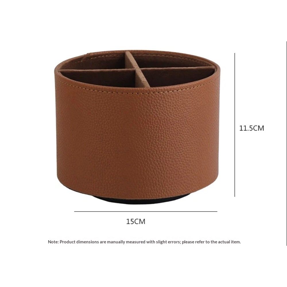 Round Leather Art Supply Organizer,Remote Control Holder,360 Degree Spinning,Multi-Functional Pencil Holder,4 Compartments Desktop Stationary Organizer(brown)