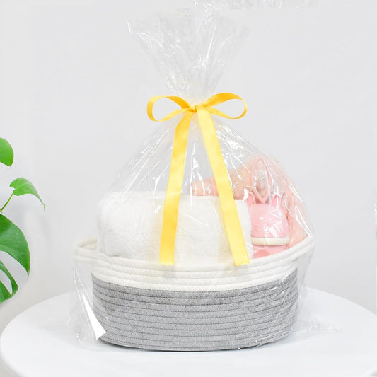 Rope Baskets for Gifts Empty, Decorative Storage Baskets for Nursery, Woven Gift Basket for Baby Shower, Dog Toy Basket with Handles for Living Room, - Grey+white