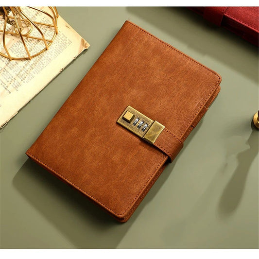 A5 Leather Journal with Lock 112 Pages, Vintage Locks Journal Password Notebook with Pen, Locks Diary Planner Organizer for Men and Women, brown