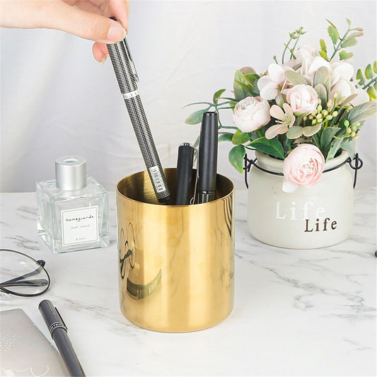 Desk Organizer Pen & Pencil Holder -, Gold Stainless Steel - Desk Supply Organizer with Gold Pen Cup, Makeup Brush Cup & Vanity Brush Holder