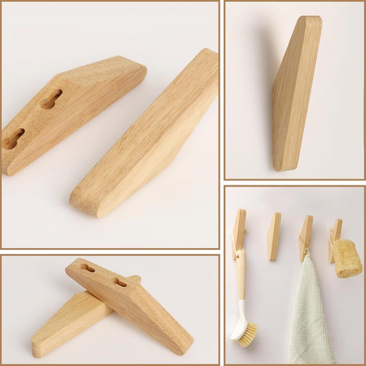 4 Pack Wood Wall Hooks Natural Wooden Coat Hooks Hat Hooks No Damage for Hanging Towels Clothes Adhesive Modern Home Decorative Gift