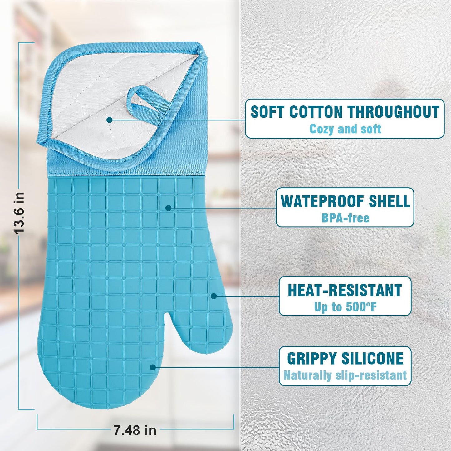 Oven Mitts and Pot Holders 4 Sets, Heat Resistant 500 ℉ Oven Mitt and Pot Holder, Long Oven Mitts with Recycled Cotton Infill and Silicone Non-Slip Surface (Blue)