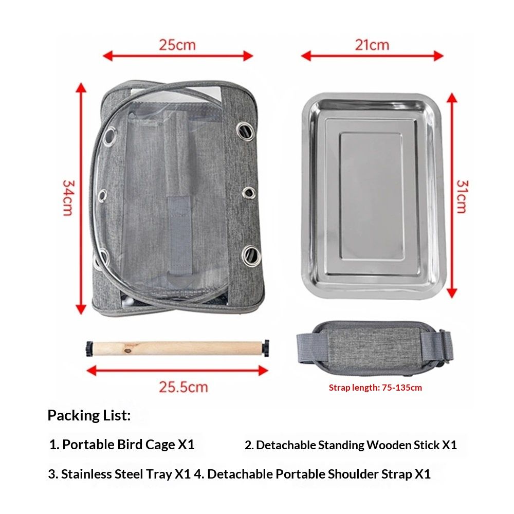 Bird Travel Carrier with Stand Perch and Stainless Tray,Portable Small Bird Cockatiel Carrier for Hiking, (Grey)