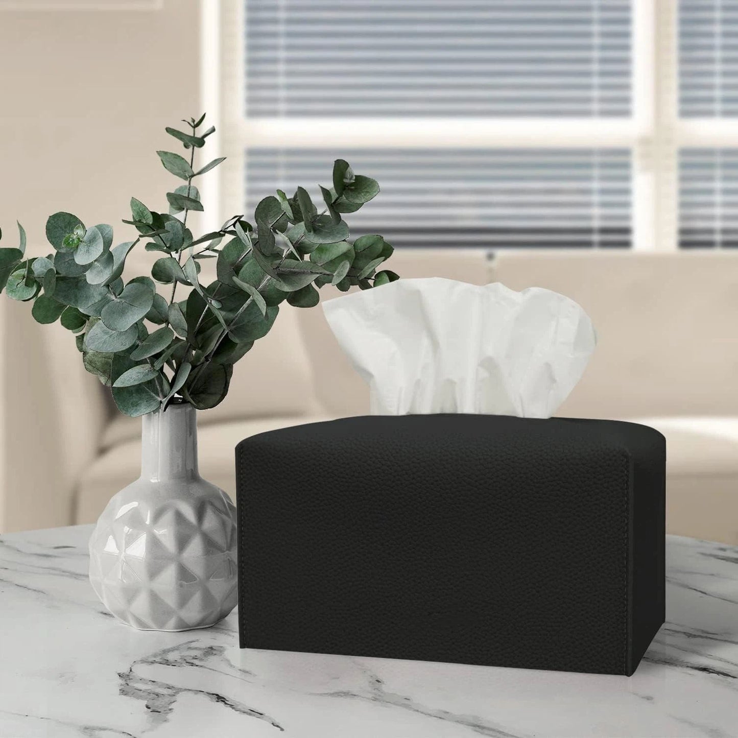 Tissue Box Cover,Modern PU Leather Rectangular Tissue Box Holder - Decorative Holder/Organizer for Bathroom Vanity Countertop, Night Stands, Office Desk - rectangular black