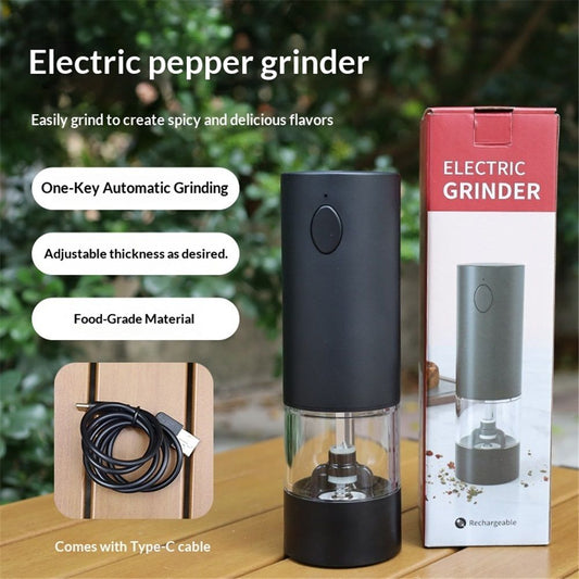 Rechargeable Electric Pepper Grinder, Salt Grinder Pepper Mill with Washable Container, White LED Light and External Adjustable Coarseness, Black